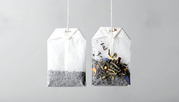 Two white tea bags with one filled with herbs