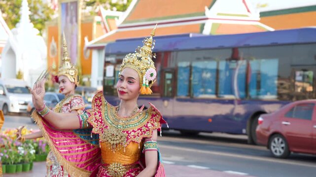 Thai Traditional Khon Dancers Perform Manohra Dance in Bangkok Street