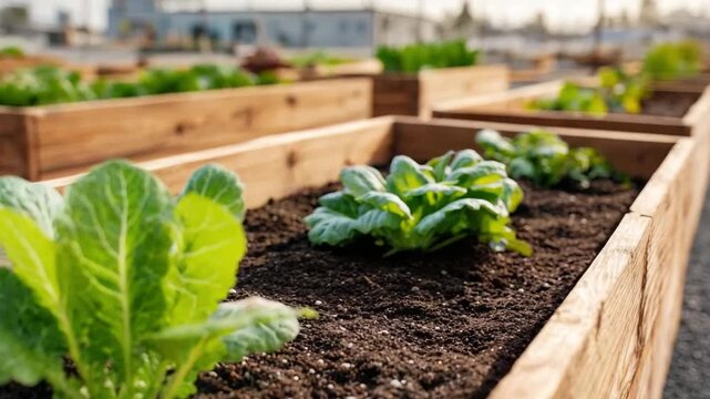 Fresh green lettuce growing in wooden raised garden beds under sunny sky outdoors Raised garden beds with planted kale spinach and lettuce seedlings organic farming and sustainability