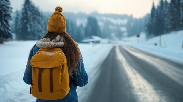 Winter Journey: A young person wearing a yellow knitted hat and backpack stands on a snow-covered road, facing a vast, wintry landscape with snow-dusted trees.