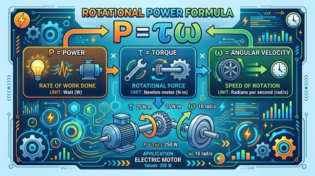 Rotational power formula diagram showing motor mechanics and calculation for electric unit.