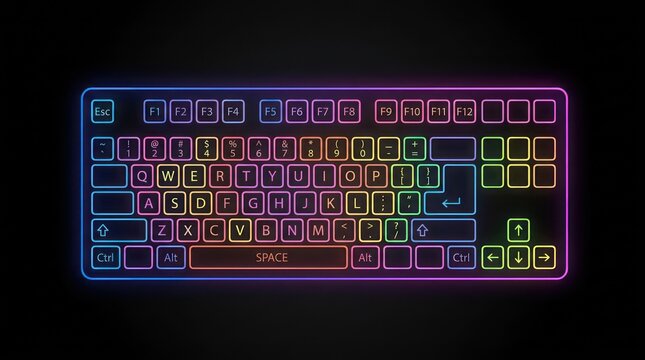 Neon glowing computer keyboard layout with RGB lighting style on dark black background.