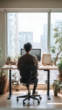 A person sits at a desk with a computer in a bright apartment, overlooking urban buildings and lush houseplants. The minimalist setup highlights productivity and contemporary remote work trends