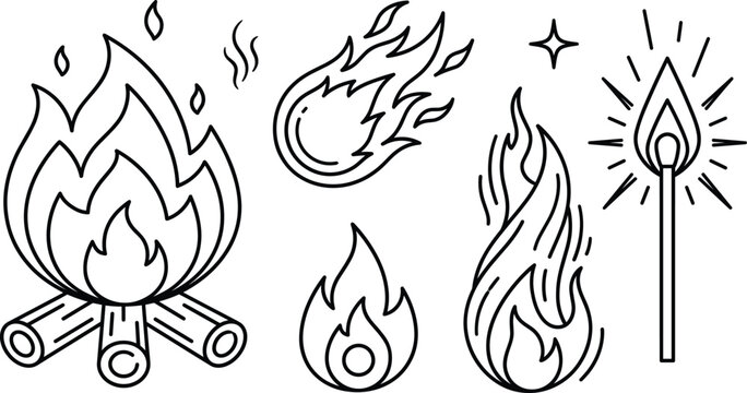 Fire flame and campfire vector line art icon set featuring bonfire fireball matchstick and burning logs