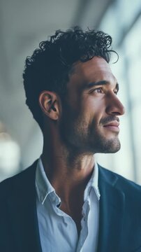 A handsome man in a suit stands indoors, exuding confidence and ambition as he looks outside. The blurred background and soft lighting create a contemporary, inspirational atmosphere
