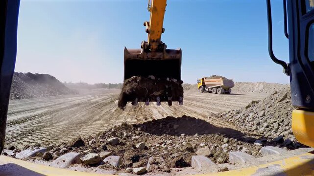 Excavator bucket scoops and lifts soil at construction site, earthmoving process, heavy machinery operation, industrial work in open quarry environment, dust, rocks, active infrastructure development