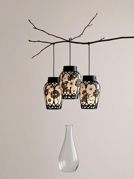 Silent elegance fills the space as three black and white floral lanterns dangle from a delicate vase suspended by a slender branch, ||Asian-inspired decor, minimalist