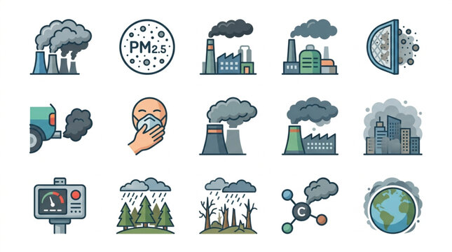 Air pollution and environmental protection icons set.