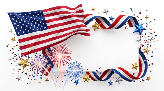 4th of July Independence Day horizontal banner design template featuring the US flag, vibrant fireworks, ribbons, golden stars, and a prominent white central rectangle text area.