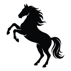 Black silhouette of a rearing horse with flowing mane and tail on white background icon © Sunju