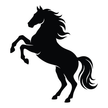 Black silhouette of a rearing horse with flowing mane and tail on white background icon