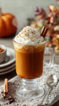Spiced latte with whipped cream and cinnamon on cozy napkin in autumn setting Warm pumpkin spice latte in a clear glass mug cinnamon stick and whipped cream topping