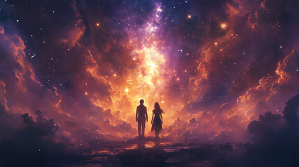Obraz premium An image of a couple standing and gazing at a purple and gold universe.