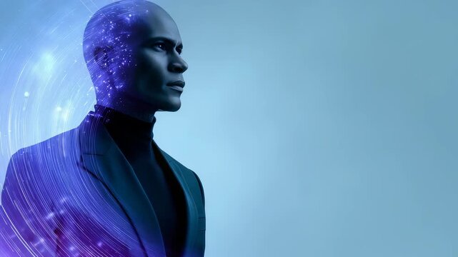 A digital human avatar in a sleek suit stands against a blue background with luminous data particles swirling around. This image represents AI, future technology, and digital transformation