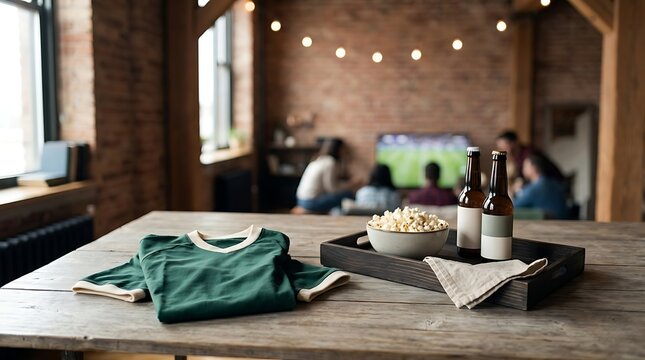 Football jersey and snacks on a wooden table in a living room with people watching a game in the background on a tv screen