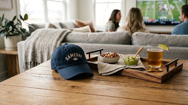 A football cap sits on a wooden table with snacks and a drink while people watch a football game on TV in the background at home.