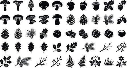 Black and white forest including mushrooms, pinecones, acorns, and leaves woodland © GT Designs