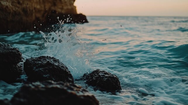 Ocean waves crashing against dark rocks at sunset.