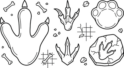 Dinosaur footprint vector line art icon set featuring prehistoric tracks fossils claws animal paws and bones © Sabbir Studio