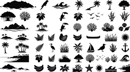 Black silhouettes of tropical island including palm trees, birds, and sea symbols © GT Designs