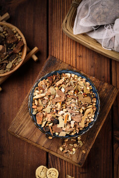 Five Spice Seasoning Blend and Marinated Meat Ingredients on Wood