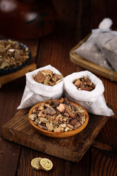 Sichuan Five Spice Mix and Dried Seasonings in Wooden Bowl