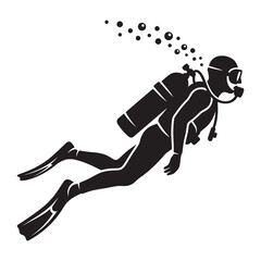 Scuba diver swimming underwater with flippers and oxygen tank  bubbles rising icon © Sunju