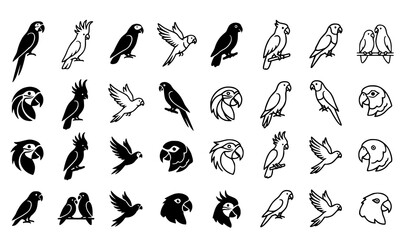 Tropical Parrot Head and Flying Bird Icon Set with Cockatoo Profile Silhouettes for Wildlife and Nature Designs © Md