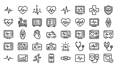 Fototapeta premium Cardiac Care and Fitness Tracking Outline Icon Set with Blood Pressure, Running Figure and Mobile Health App Symbols