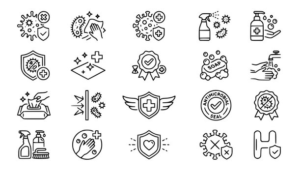 Sanitization and Disinfection Outline Icon Set with Cleaning Spray, Surface Protection and Hygiene Safety Symbols for Health Designs
