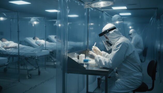 Medical scientist in hazmat suit conducting laboratory analysis for patients in isolated hospital tent ward