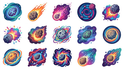 Collection of colorful abstract cosmic asteroids and meteors in space. © Ve