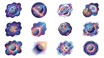 Collection of Cosmic Asteroids and Nebulae Illustrations. © Ve