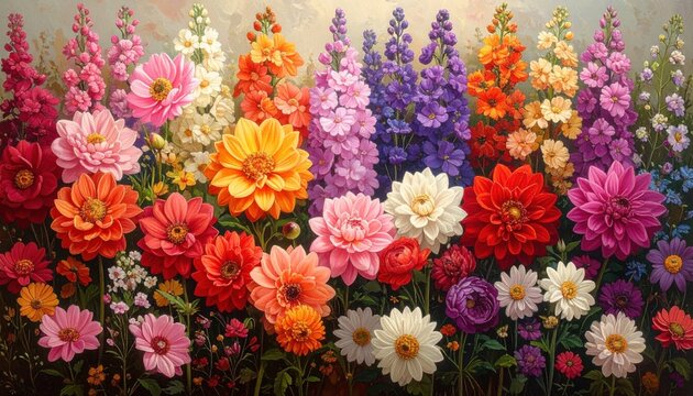 Beautiful array of summer flowers including dahlias and larkspur arranged in a vibrant mixed floral garden landscape