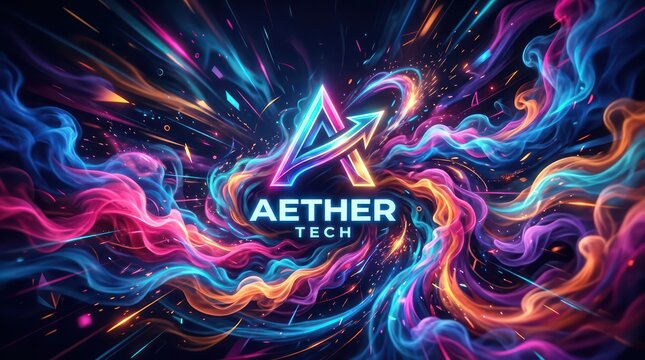 Aether tech futuristic logo design with vibrant liquid light waves and energy sparks.