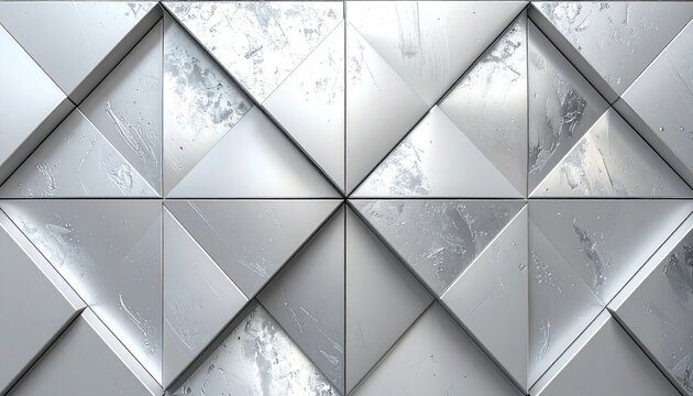 Geometric metallic wall paneling with triangular brushed steel surfaces and scratched industrial texture