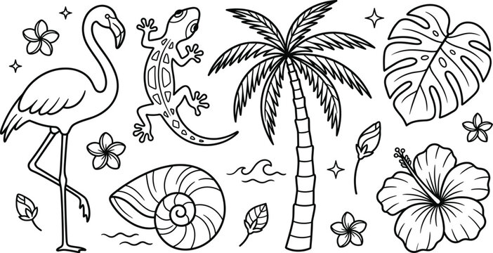 Tropical summer vector line art icon set featuring flamingo palm tree lizard monstera leaf and hibiscus flower