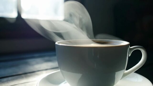 Steaming white ceramic coffee cup on wooden table.