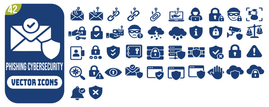 Phishing icon set. Contain icons related to phishing, scam, thief, cybercrime, password hacking, money theft, data leakage, and more. Editable stroke. Vector illustration.