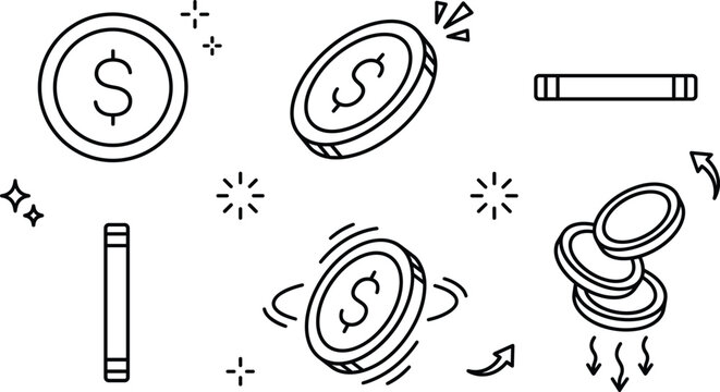 Dollar coin vector line art icon set featuring spinning falling stacking and side view money elements