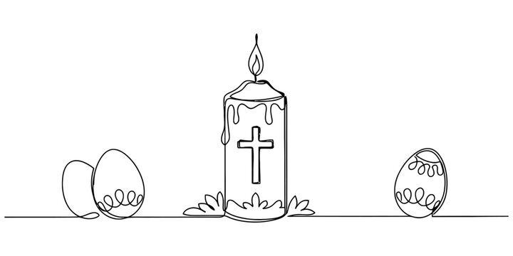 Continuous line drawing of a lit church candle with a cross symbol and decorative easter eggs for religious celebration Vector, illustration