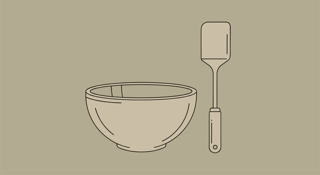 Simple line art illustration featuring a mixing bowl and a spatula, representing tools used for preparing skincare masks or cosmetic formulations at home.