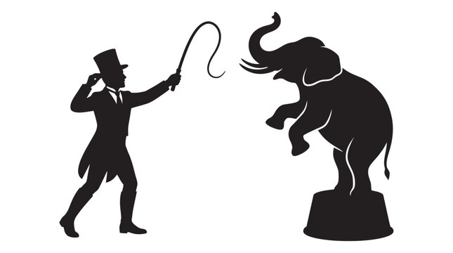 Circus ringmaster and elephant performing black silhouette
