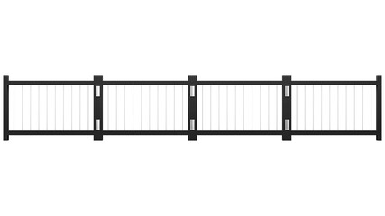 Obraz premium Modern metal fence with vertical bars and black posts, transparent background, simple industrial design, outdoor boundary element for construction or security.