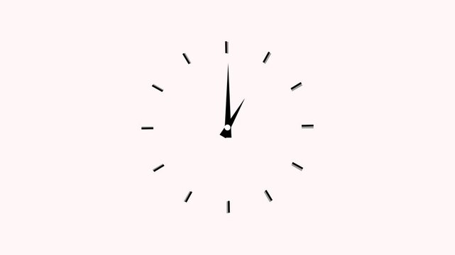 Twelve-Hour Clock Running Animation, Moving Clock Hands, 12-Hour Clock Dial Loop, 24-Hour Time-Lapse Animation on White Background