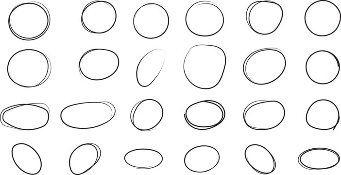 Hand drawn scribble circle set with messy round pencil frames and organic doodle shapes.collection of fifteen unique black distressed handdrawn grunge circular frames
