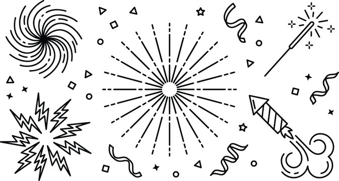 Fireworks and celebration vector line art icon set featuring party sparklers firecrackers rockets and confetti bursts