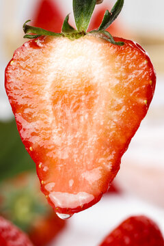 Fresh Cut Strawberry Slice Close-Up Studio Photography