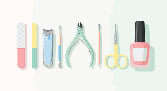 Comprehensive and colorful collection of manicure tools, including nail files, clippers, cuticle nippers, scissors, and nail polish, for complete nail care.