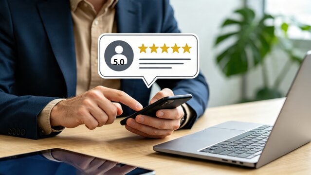 Businessman giving five star rating review on smartphone, customer satisfaction feedback concept, positive user experience, mobile app evaluation